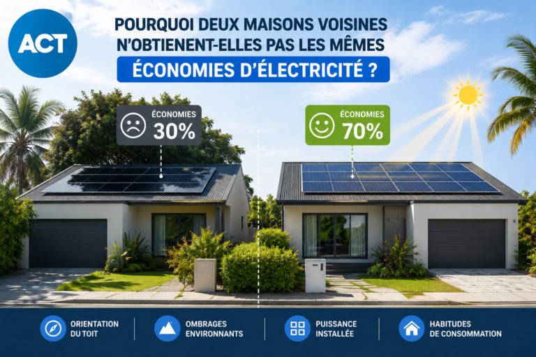 Deux maisons voisines équipées de panneaux photovoltaïques sur toiture tôle à La Réunion
